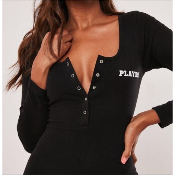 SALE Playboy x Missguided Black Long Sleeve Snap Front Romper Scoop Neck SZ 12 - Picture 7 of 10